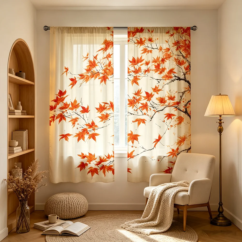 2PCS Red Maple Autumn Curtains, Fall Leaf Print, Seasonal Window Drapes for Living Room Bedroom Home Decoration