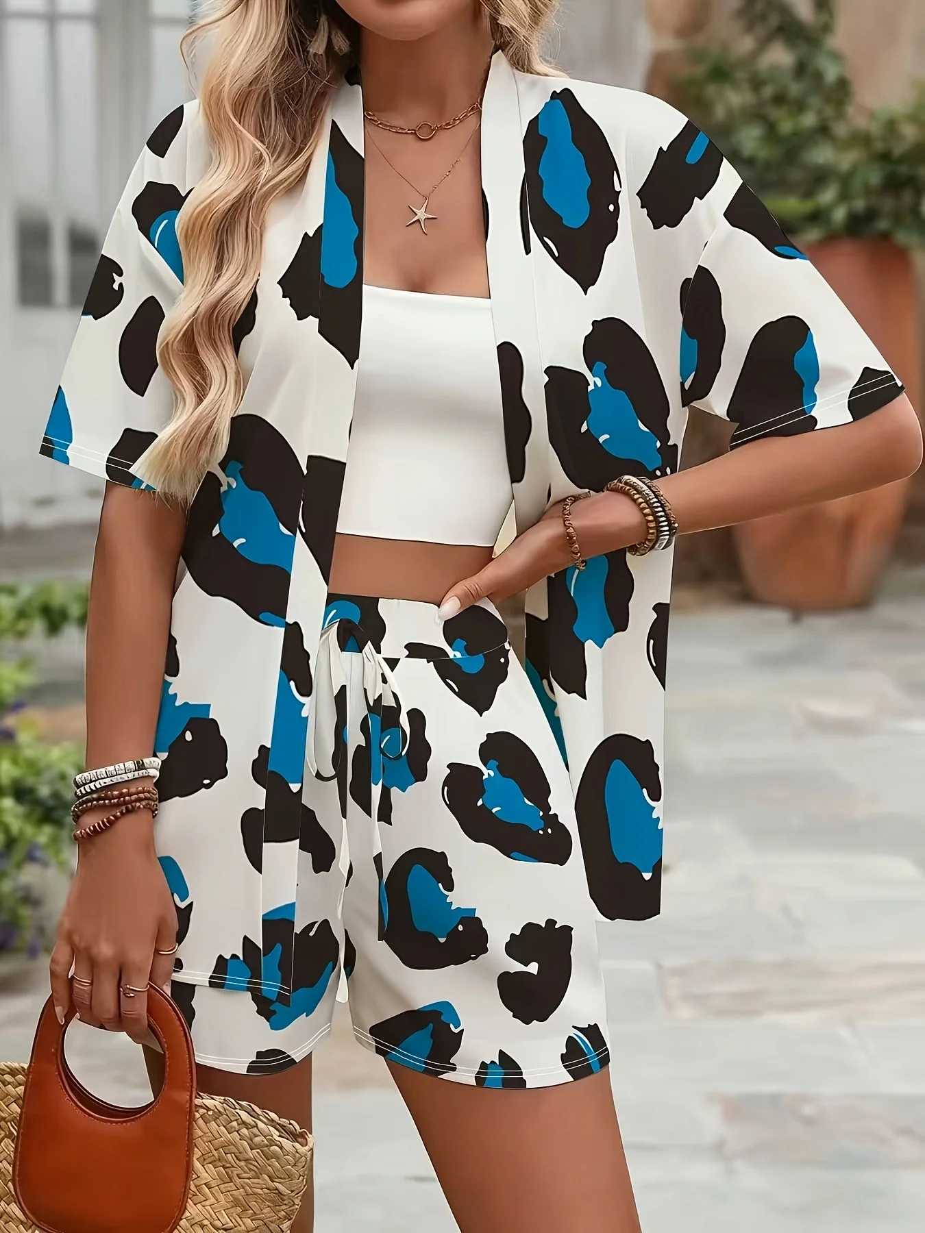 Geometric Print Short-Sleeved Cardigan Drawstring Shorts Set Casual Loungewear Color-Block Two-Piece Set (Excluding Suspenders)