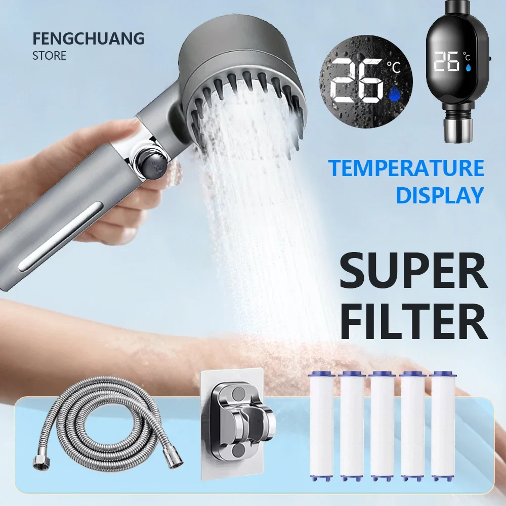 High Pressure Fitered Shower Head with long hose and temperature display Handheld for Hard Water with On Off Switch