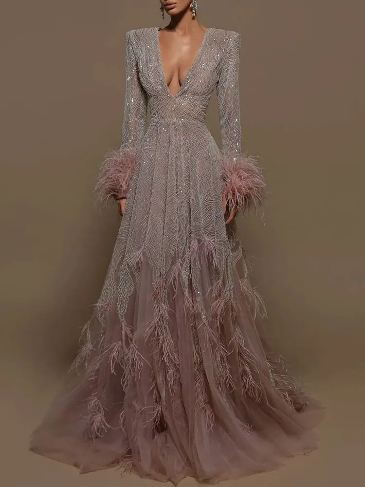 

Casual Evening Dresses Sequined Beading Prom Party Dress Long Sleeves Feathers Mauve Evening Formal Vestido De Noche Customized