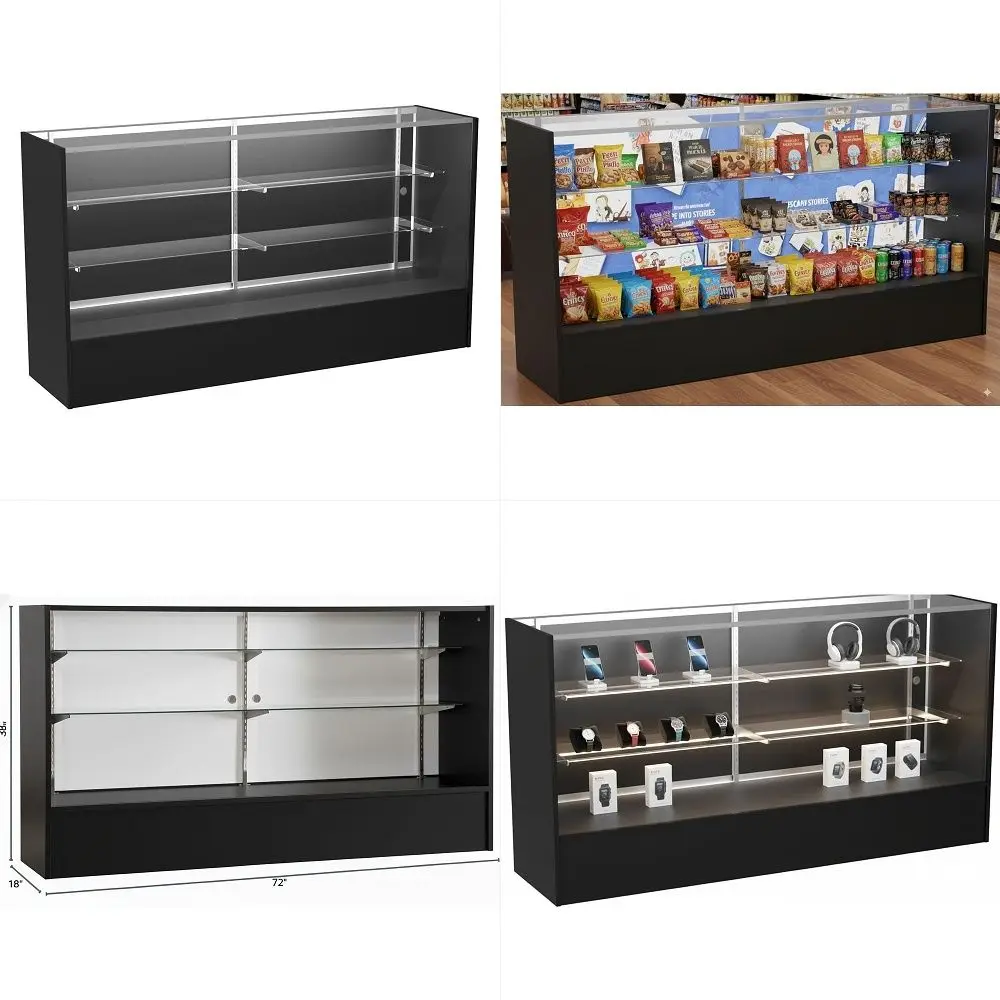 Full Vision Display Cabinet 72 Glass Showcase with LED Light, Adjustable Shelves, Locking Sliding Doors Retail Display Counter