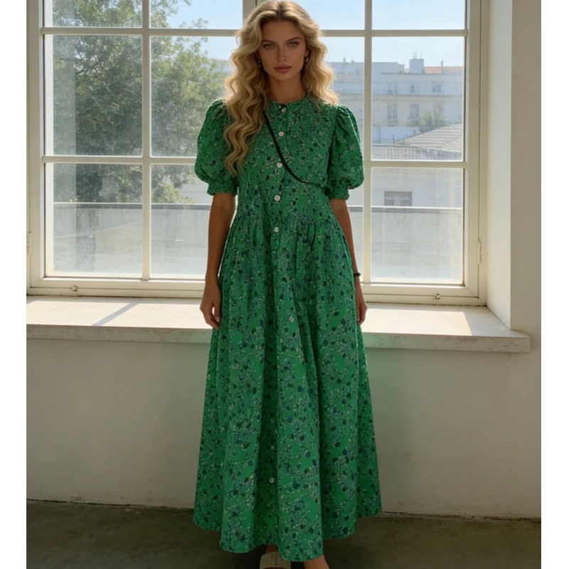Summer Green Floral Print Short Sleeve Women Dress Fashion Casual Loose Elegant Puff Sleeve Long Dresses
