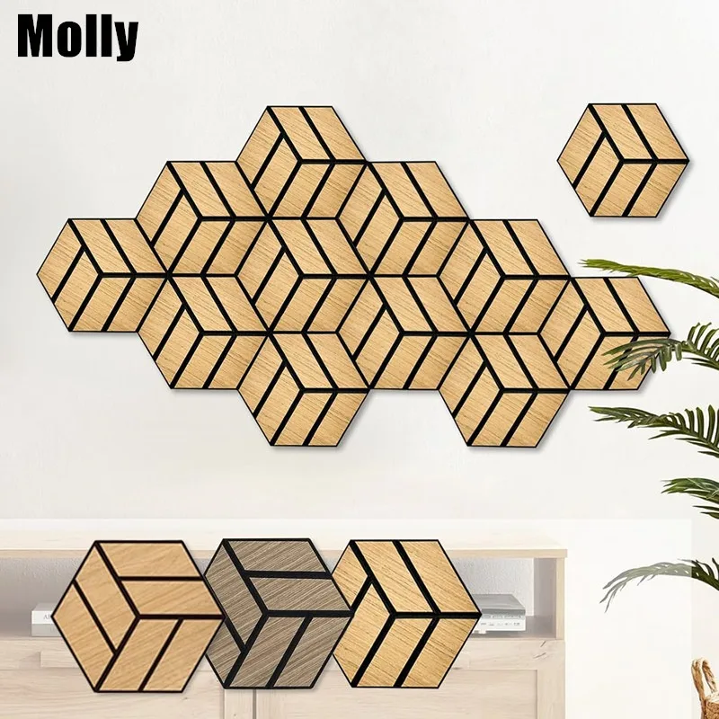 4/8 PCS Hexagonal Wood Grain Self-Adhesive Soundproof Wall Panels High Density Peel and Stick Foam Panels for Walls Decoration