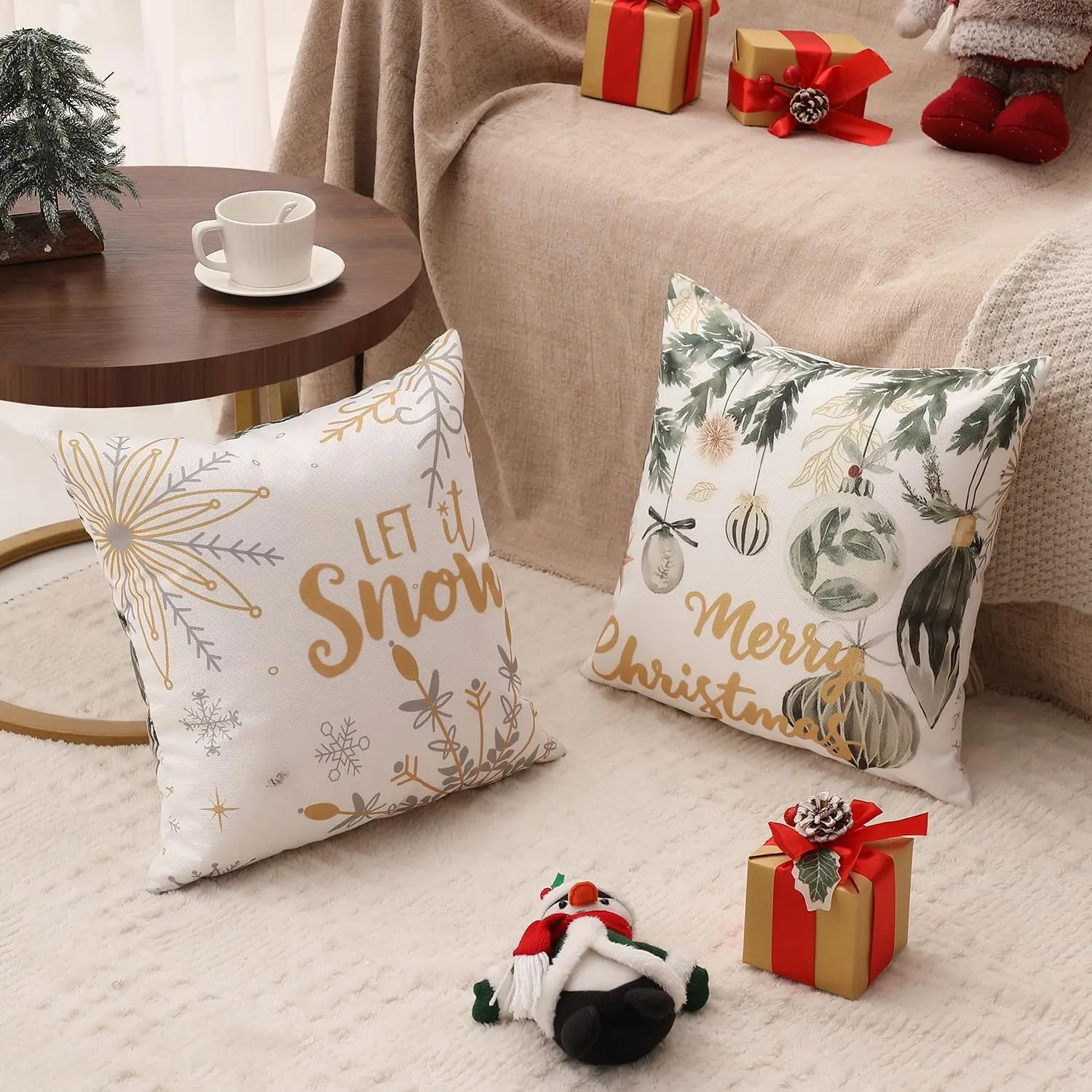Juego de 4 fundas de almohada navideñas, patrones navideños, Feliz Navidad, Feliz y luminoso, Let It Snow, etc., perfecto para