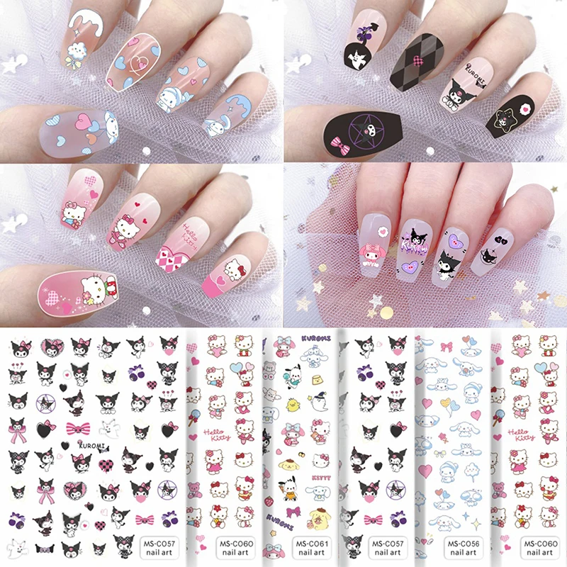 1 Sheet 3D Kawaii Cartoon Sanrio Nail Stickers Hello Kitty Kuromi Cinnamoroll Animation Nail Decals Press On Nails Art Supplies