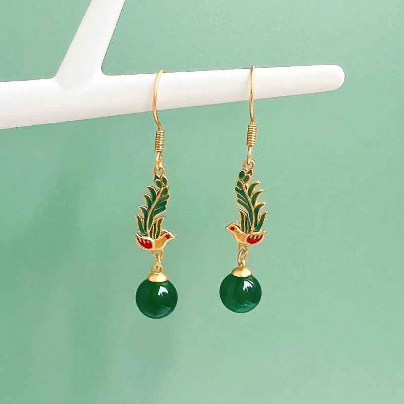 

New in Enamel Green Phoenix Earings Natural Jade Chalcedony Round Beads Earrings for Women Ancient Gold Craft Fine Jewelry