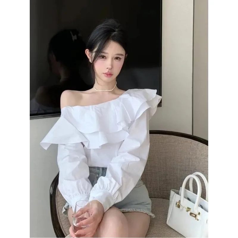 

French Mature and Elegant Temperament Double-layer Ruffled Off-shoulder Long-sleeved Shirt Women's Loose Top