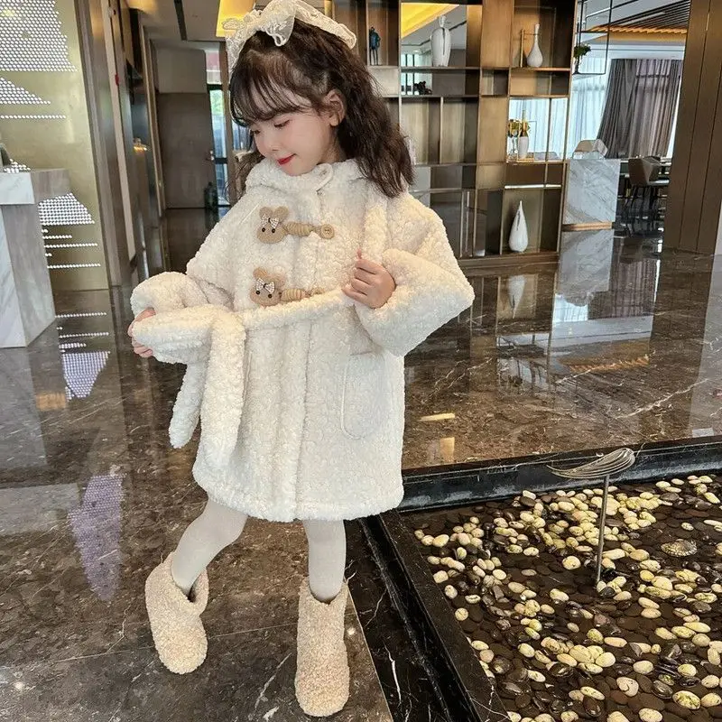 Winter Girls Long Fashion Cotton Cute Woolen Coat Baby Kids Princess Christmas Thick Cartoon Coat Children Warm Hooded Jacke