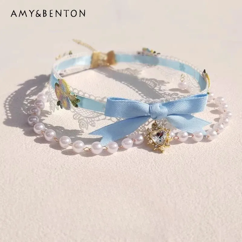 25COSOriginal Lace Pink Bow Pearl Choker Lolita Love Necklace for Women Sweet Cute Girl Double Necklaces Princess Butterfly Neck