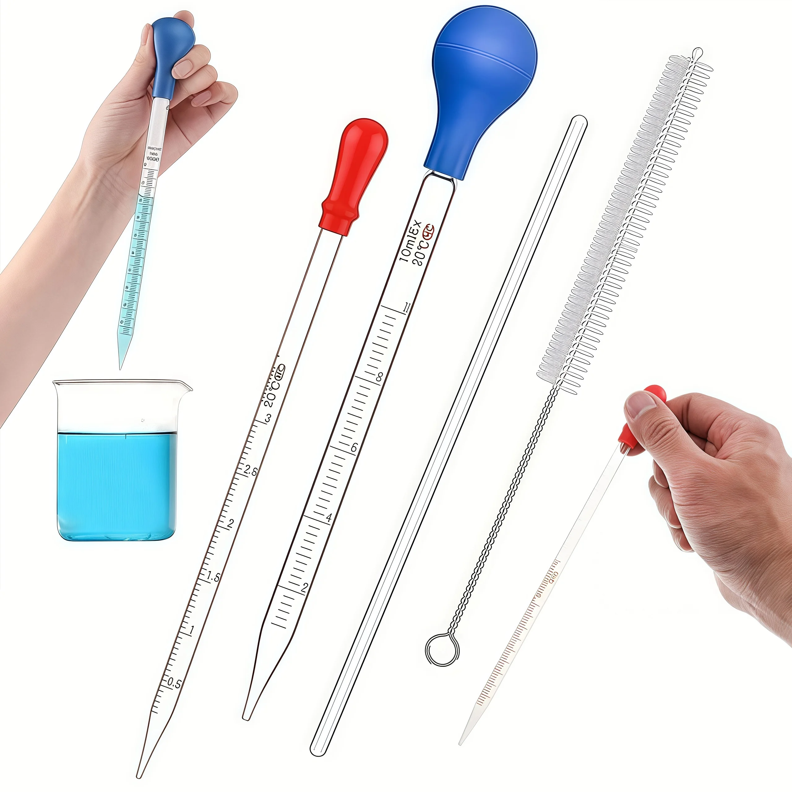 ماصة زجاجية، قطارة زجاجية 3 مل/10 مل مع قضيب تحريك زجاجي، فرشاة تنظيف 2 قطعة/4 قطعة