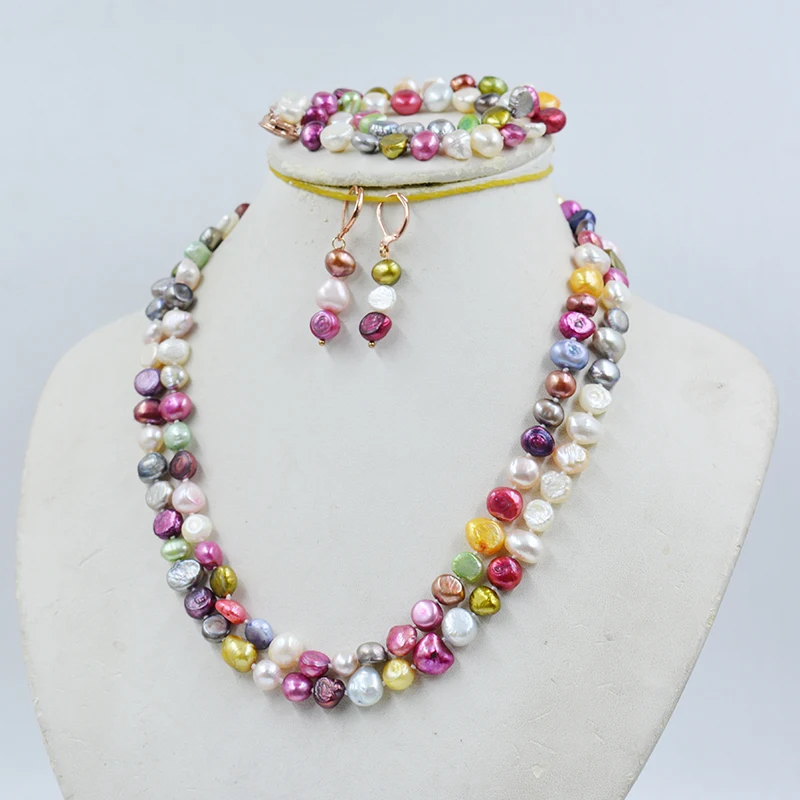 8-9MM 2-row mixed color natural Baroque pearl necklace/bracelet/earring set. Charming Women's Summer Wedding Classic Jewelry