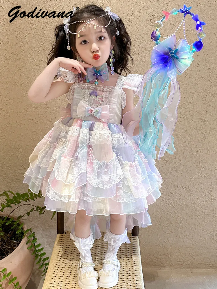 Sweet Baby Girls Lolita Tutu Princess Dress Kids Mesh Train Feifei Sleeve Cute Bow Runway Shows Performances Birthday Ball Gown