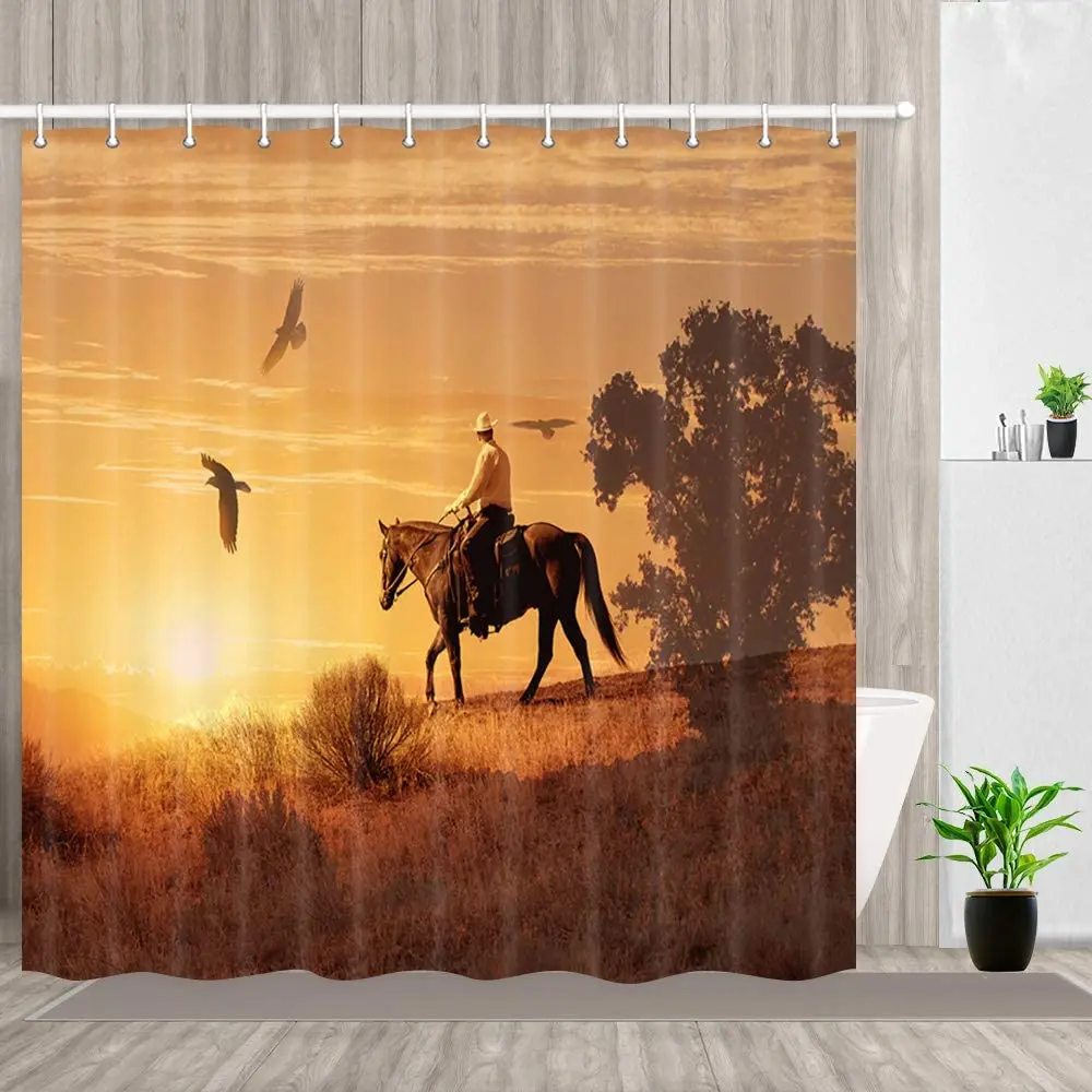 Western Shower Curtain Cowboy Makes His Way Through The Desert Sweltering Hot Sun Polyester Fabric Bath Curtains Set with Hooks