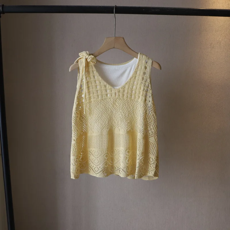 White Crochet Knit Tank Top Lace Up Hollow Out Sleeveless with Inner Camisole