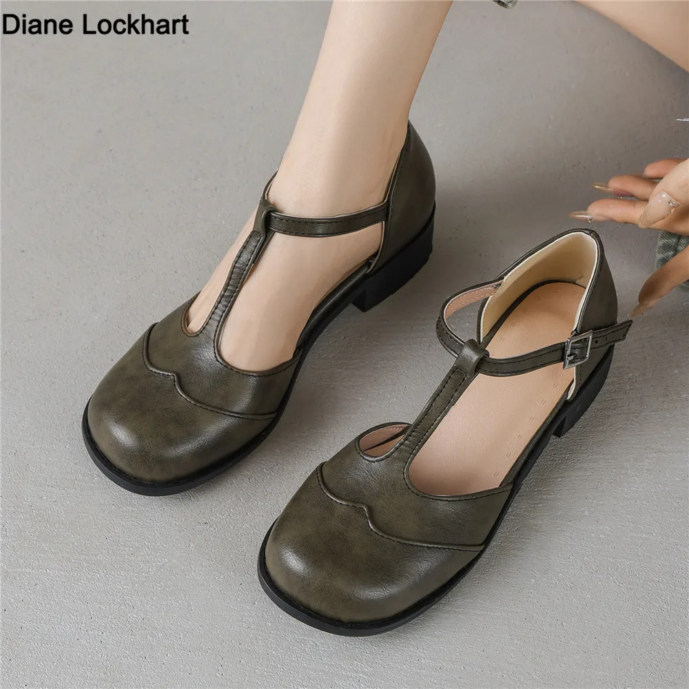 

Vintage T-Strap Buckle Mary Janes Sandals for Women Round Toe Thick Heels Plus Size 34-43 Casual Daily Shoes Black Brown Green