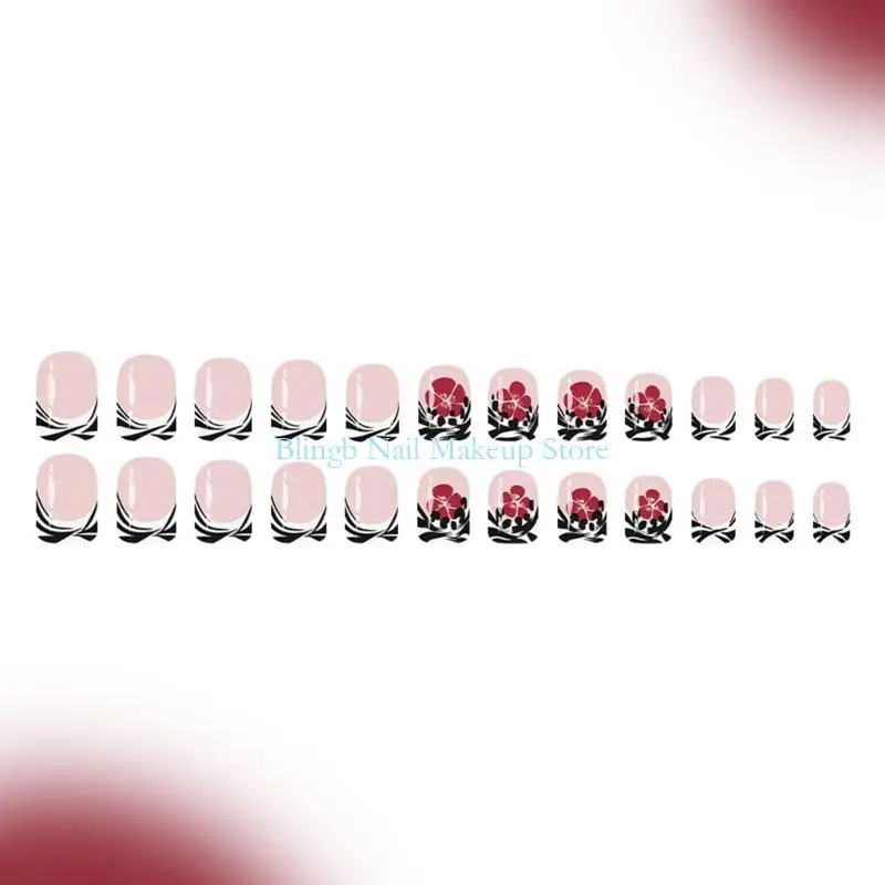 24のグリッターのネイルパックの28taプラスチックプレスブラックストライプと赤い花芸術秋の冬のパーティー爪複数のサイズ
