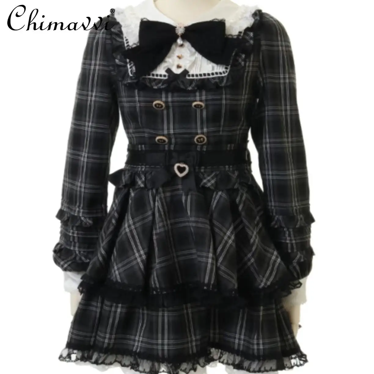 Outono inverno nova mina japonesa renda dupla camada saia vestido fino doce arco de manga comprida menina senhoras bonito lolita lag vestidos