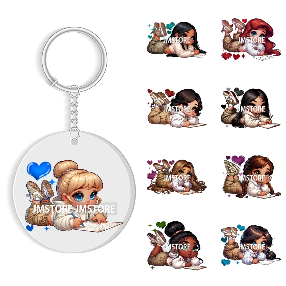 Cartoon Princess Reading Bookish UV DTF Decal Round Keychain Ready To Apply WaterProof Transfer Stickers For Circle Keychain