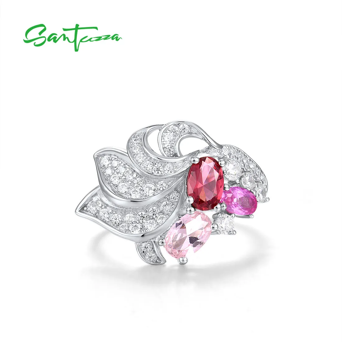 SANTUZZA Genuine 925 Sterling Silver Rings For Women Sparkling Red Pink Stones White CZ Cluster Ring Elegant Fashion Jewelry
