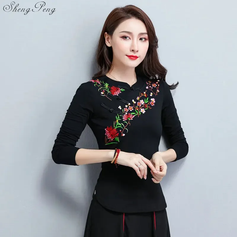 Traditional chinese blouse shirt tops for women mandarin collar oriental linen shirt blouse female elegant cheongsam top V1747