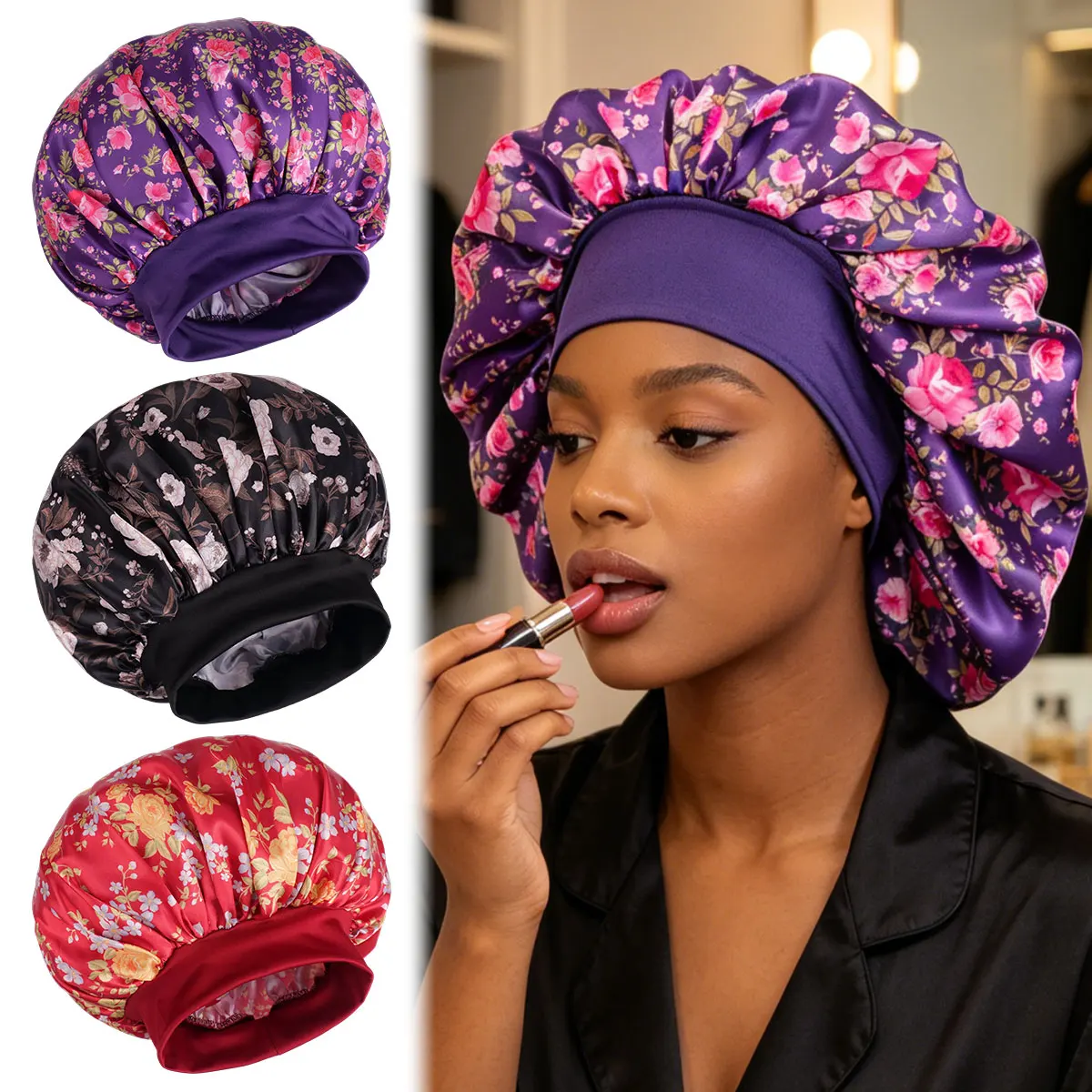 Bohemian Floral Satin Sleep Cap for Women Adjustable Hair Protection Shower Cap Suitable for Long Braids Reusable Sleep Hat