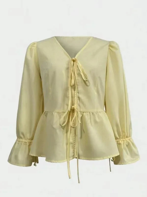 Immagine 5: 2025 Nuove magliette da donna autunno e inverno Camicia casual con maniche a sbuffo e scollo a V pieghettate con lacci