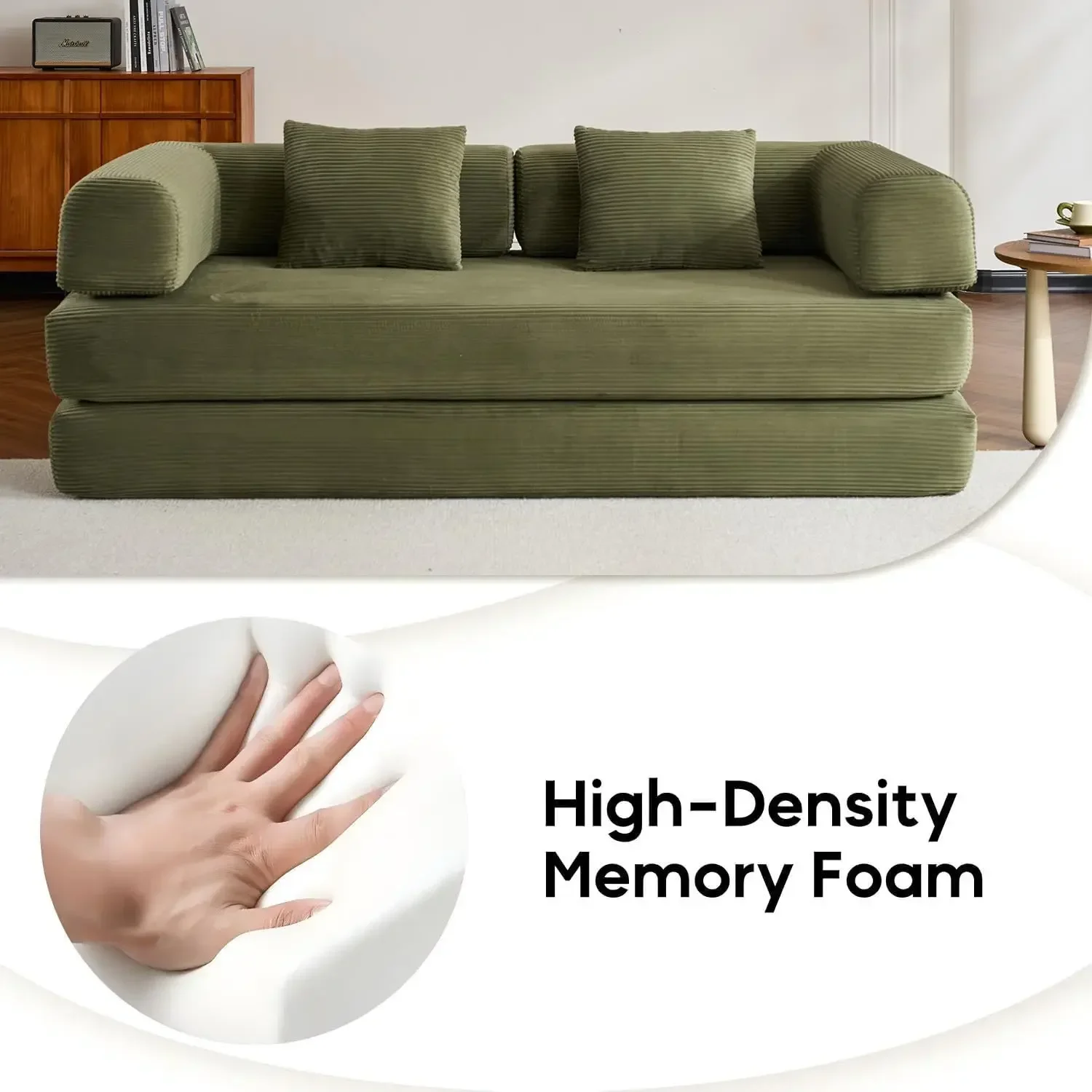 Convertible Folding Couch Bed, Comfy Corduroy Sleeper Floor Sofa Bed with Fixed-Shape Frame, Floor Sofa with Armrest, Lounge Cou