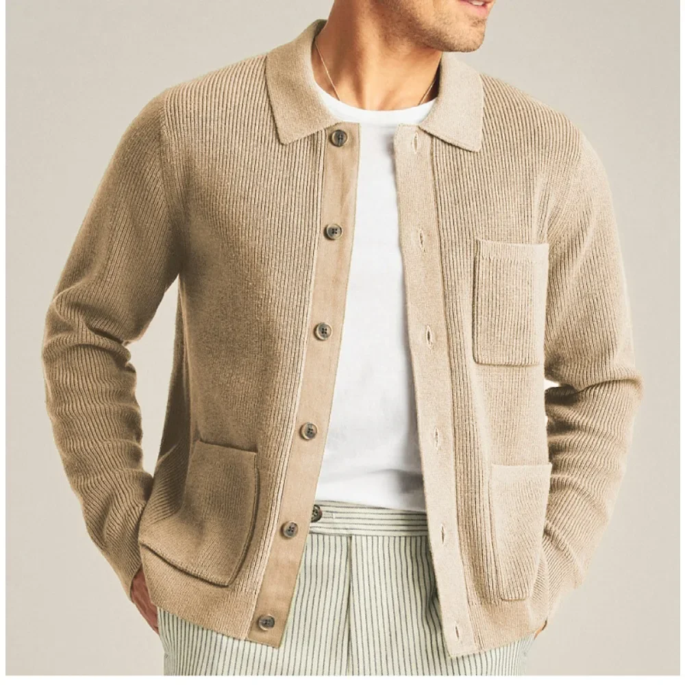 Luxury Autumn Winter Warm Knitted Cardigan Mens Vintage Coat Button Lapel Long Sleeve Knit Wool Sweater Fashion Pocket Outerwear
