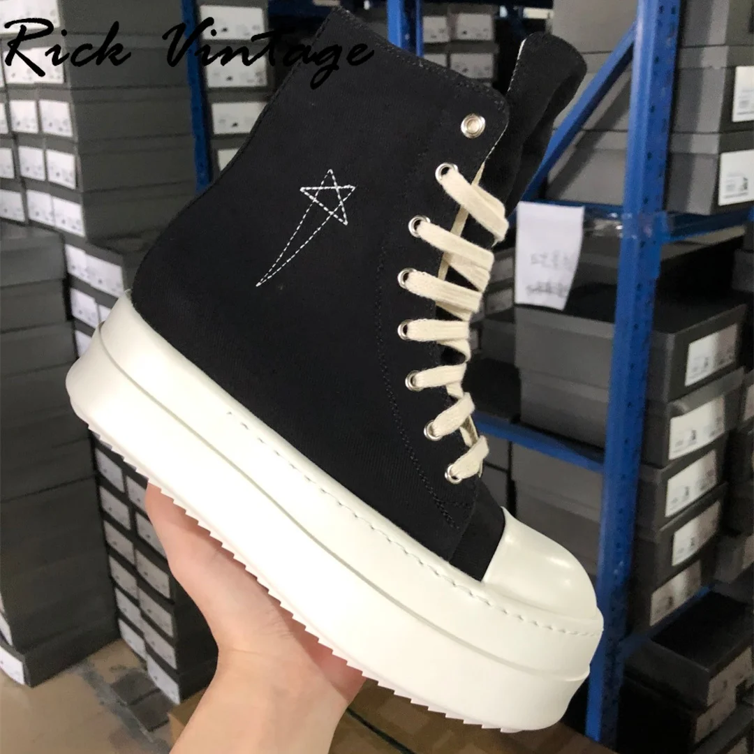 Rick Vintage Black Sneakers WomenThick Sole Canvas Platform Boots Lace Up High-Top Increasing Height Zip Ankle Boots Female