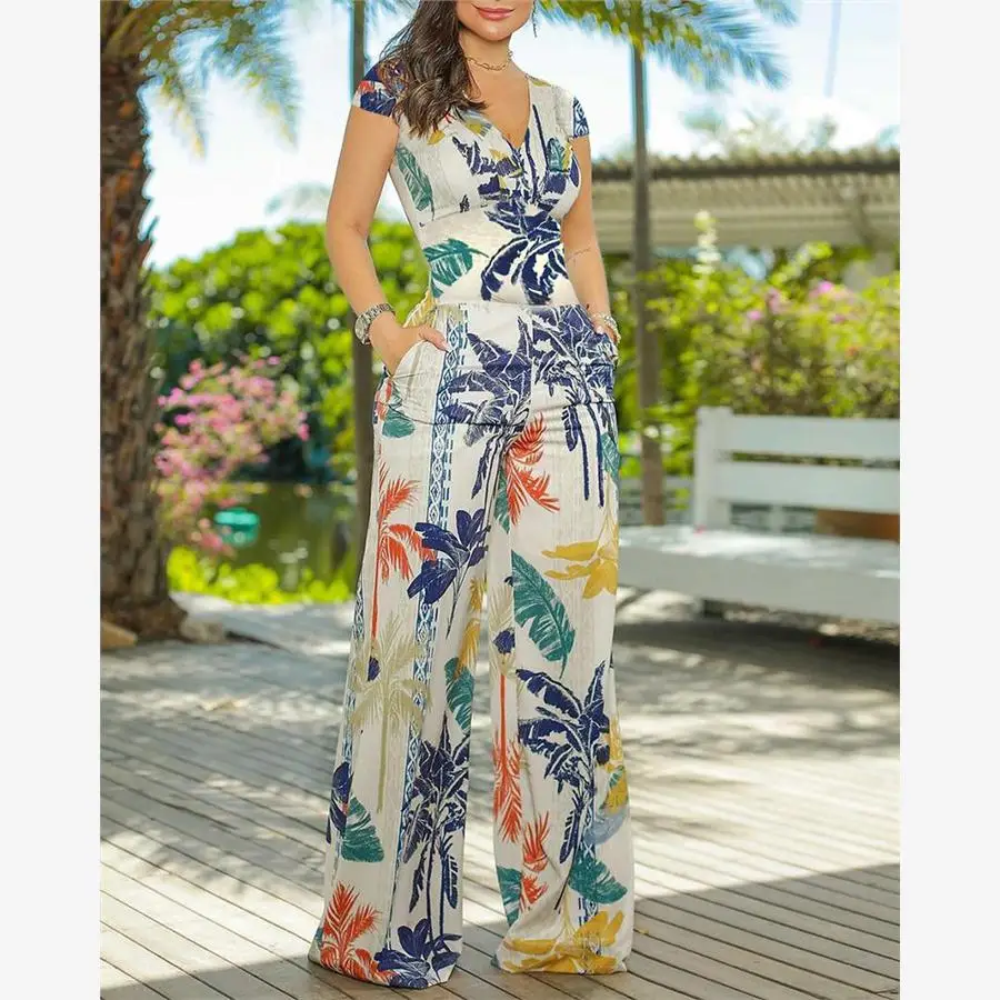 

Sexy Tropical Print V Ne Long Jumpsuit Women's ort Sve Casual High Waist Long Pants Street Sle Summer Outfit