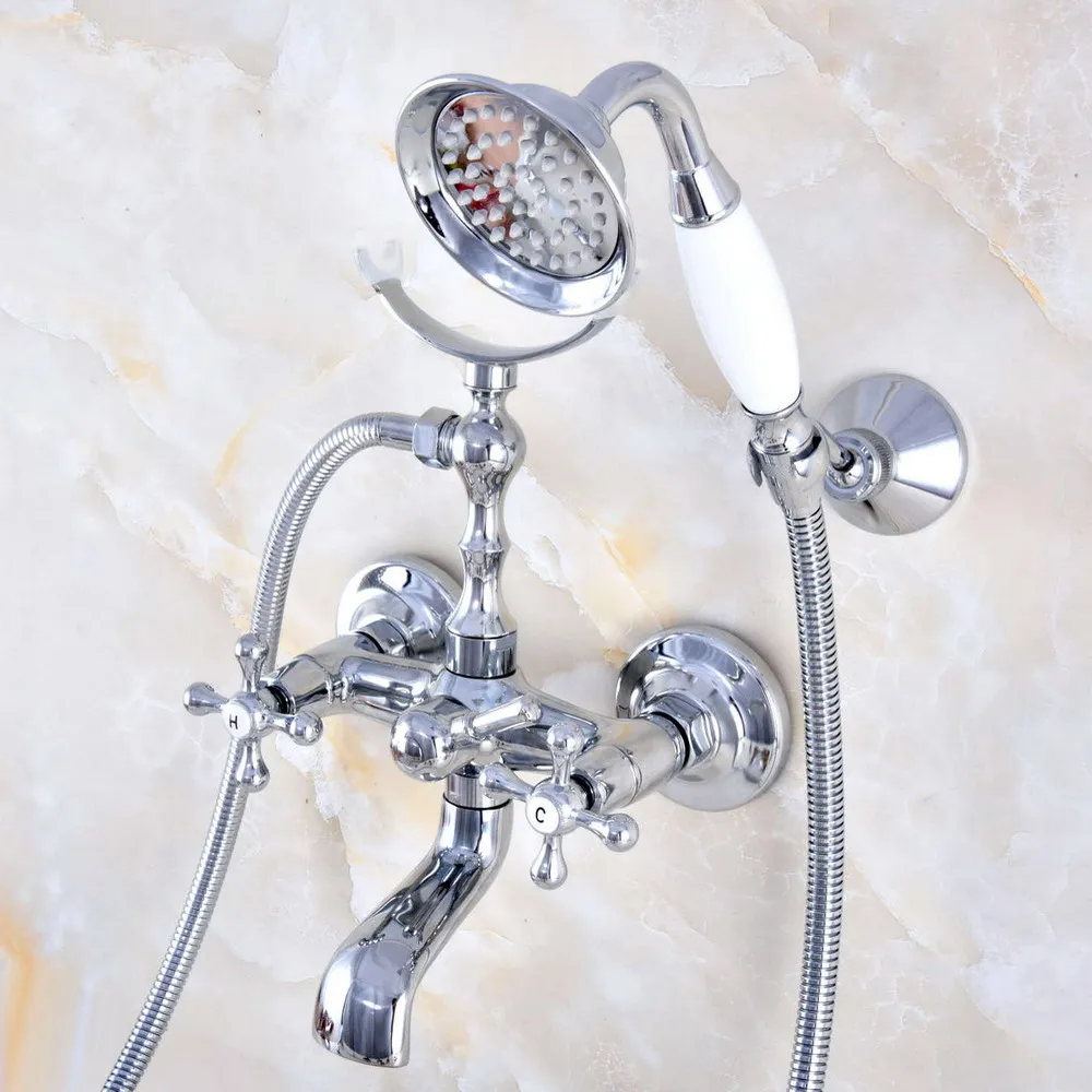 

Wall Mounted Chrome Brass Clawfoot Bathtub Faucet telephone style Bath Shower Water Mixer tap with Handshower Lna722