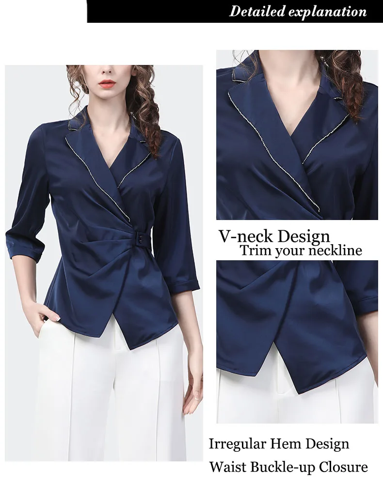 Fashion Suit Collar Women Spring Summer Blue Satin Shirt Outwear Elegant Slim Crossed V-neck Casual Working Ladies Tops