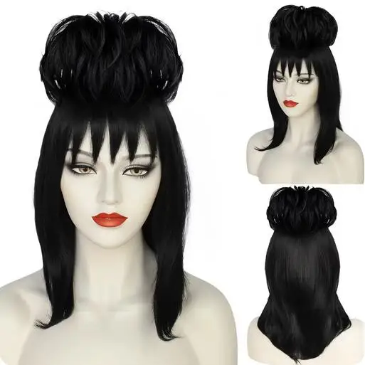 Lydia Deetz Cosplay Wig Bride Gown Costume Props Black Synthetic Straight Hair Women Girls Halloween Carnival Party Accessories