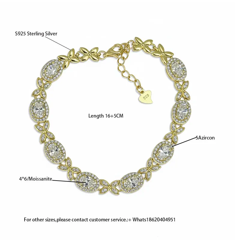 

New Arrival S925 Sterling Silver Gold Plated 4*6mm Moissanite 5A Zircon Flower Design Oval Halo Bracelet, Adjustable 16+5CM Leng