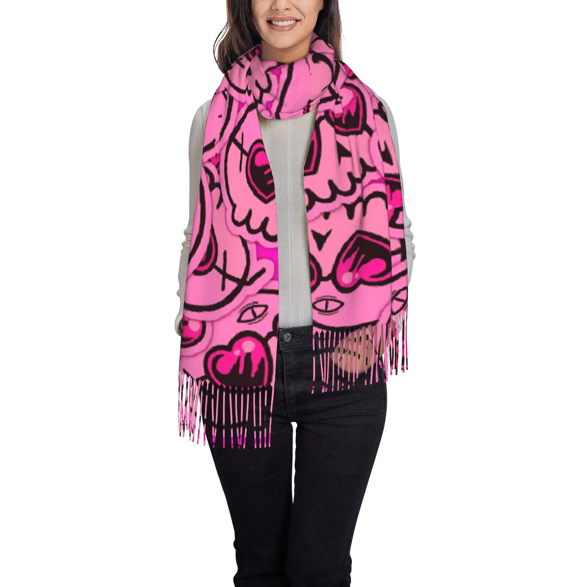 1 PC Pink Skull Heart Graphic Tassel Shawl  Autumn Fashion Integrated Warmth Birthday Gift Tassel Scarf