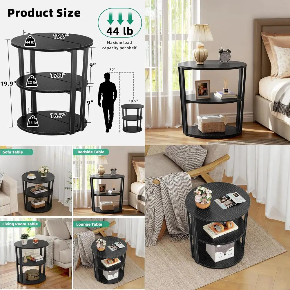 

3-Tier Rotating Side Table with Lazy Susan, Perfect for Living Room, Bedroom, and Small Spaces in Pure Black