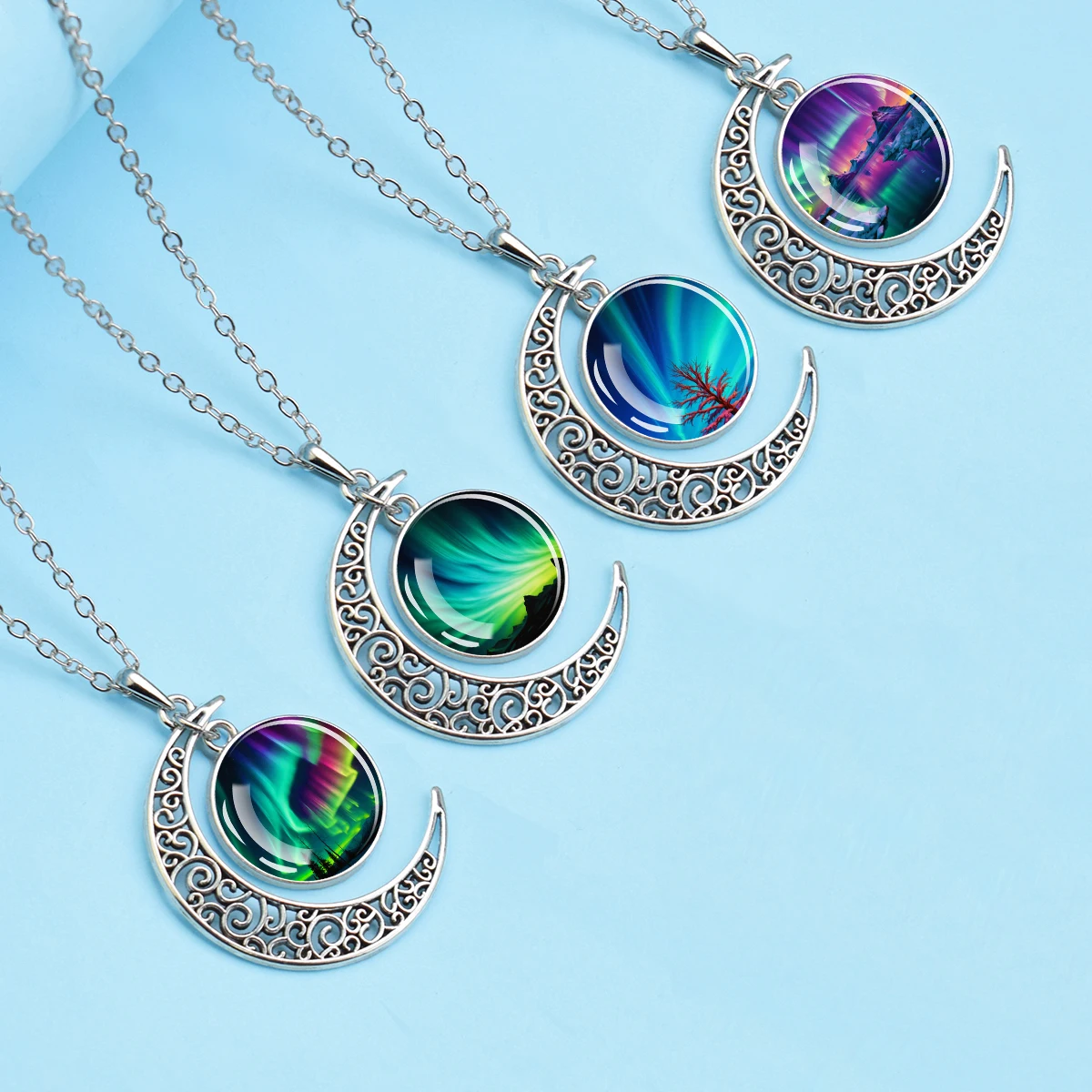 Aurora Borealis Couple Necklace – Romantic Jewelry with Luminous Glass Dome Pendant, Lucky Astronomy-Gift for Christmas