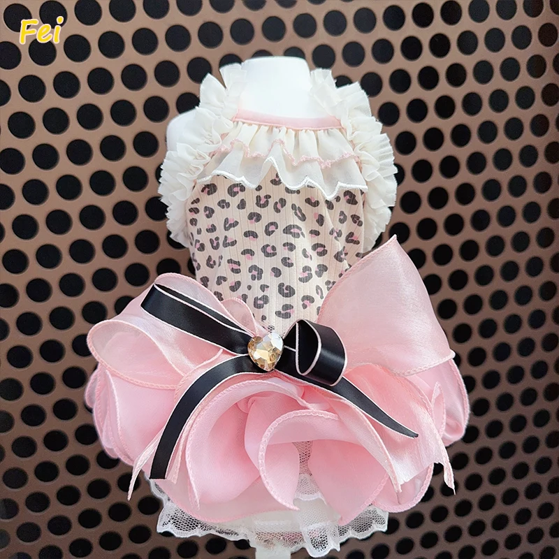 

2025 Autumn Pet Dog Clothes Fashion Cute Pink leopard Print Lace Sling Princess Dress For Small Medium Dog Chihuahua Yorkshire