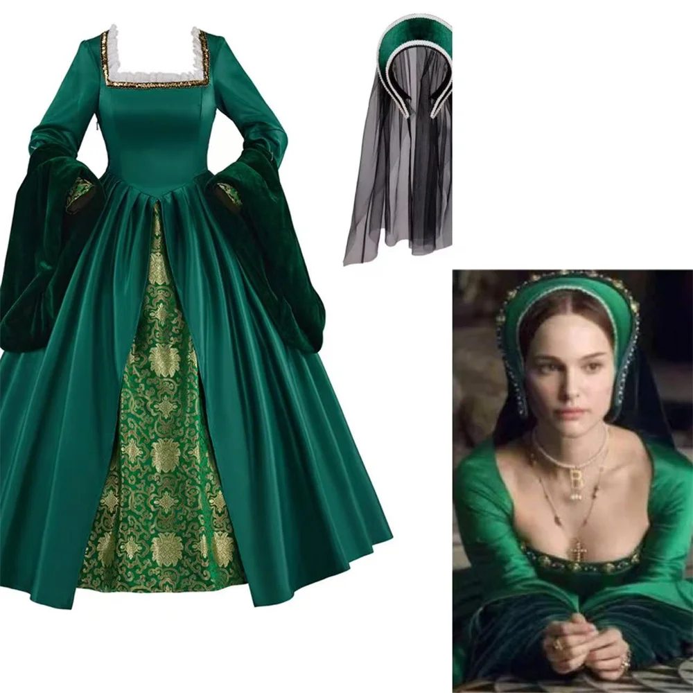 

TV Anne Boleyn Cosplay Costume Tudor Queen Elizabeth Women Retro Green Princess Ball Gown