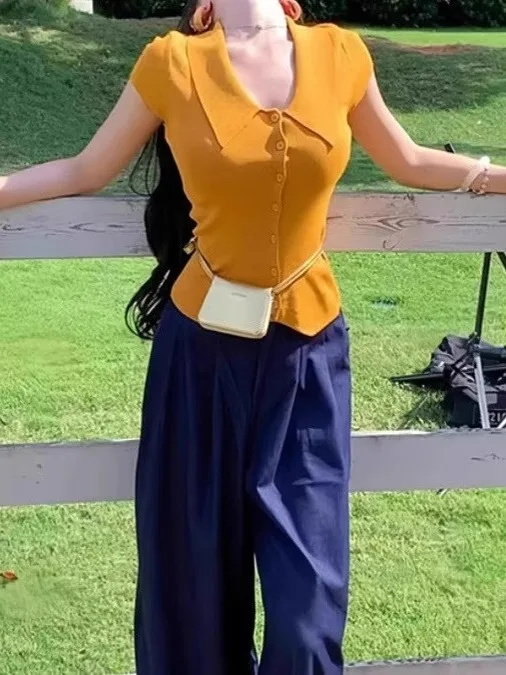 

Летний женский топ-кардиган из ледяного шелка с уникальным дизайном, вязаный, с коротким рукавом, в французском стиле, приталенный, с открытым воротником