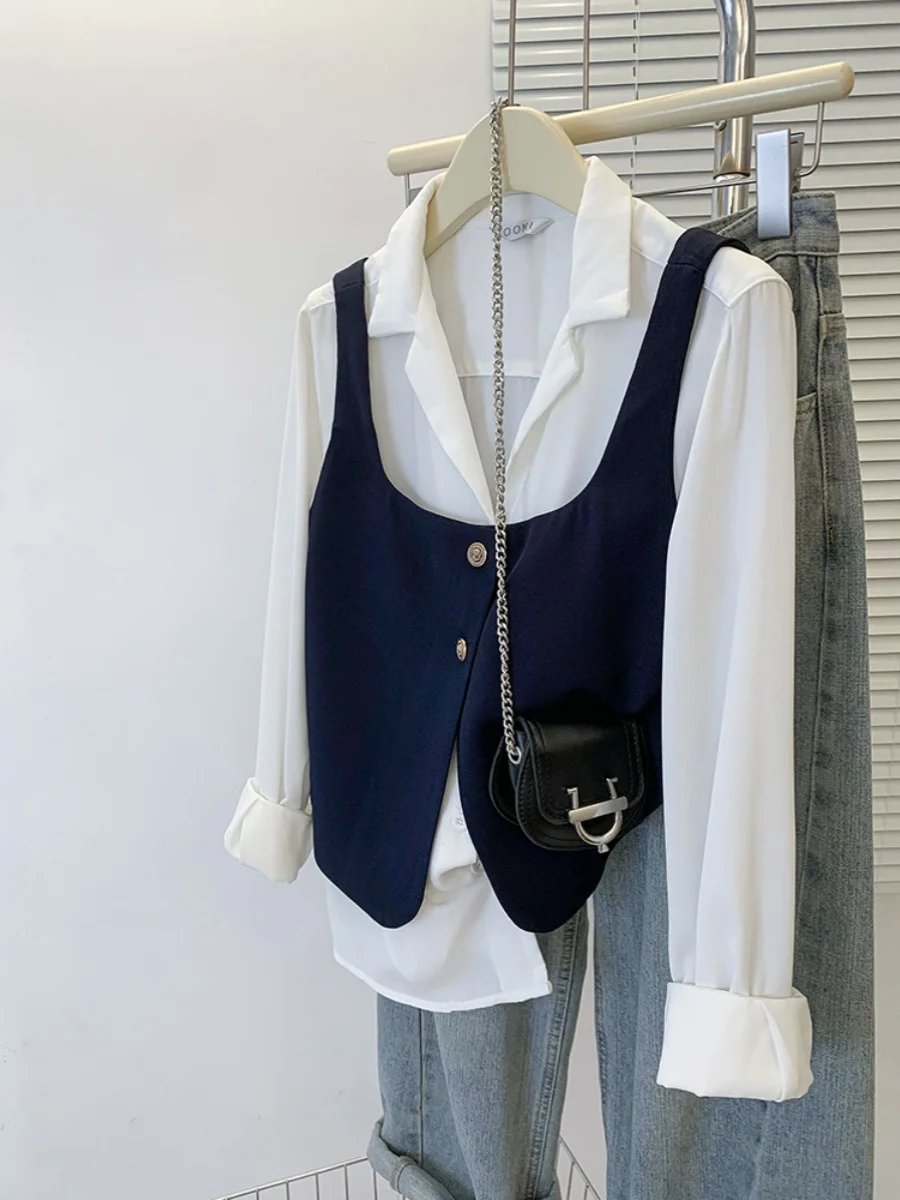 Ele Square Collar ort Women's  Vest Autumn Winter Faion Outerwear U-Neline Single Button Closure Trendy Top