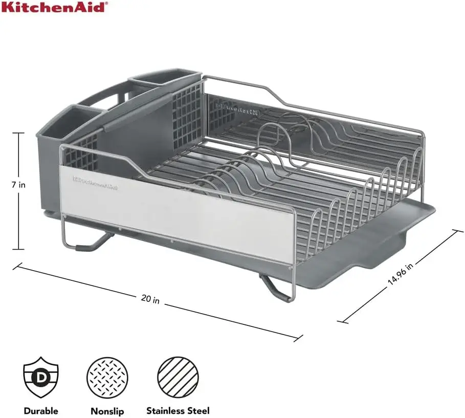 

Large Capacity,Full Size, Rust Resistan Dish Rack with Self Draining Angled Drain Board and Removable Flatware Caddy,