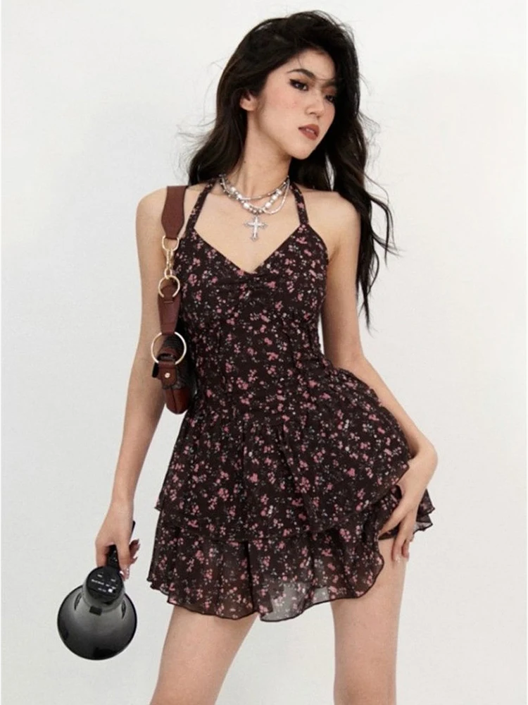 Summer Floral Sweet Mini Dress For Women Print Dress Female Korean Fashion Cute Party Dresses Vestidos Lotus Leaf Skirt