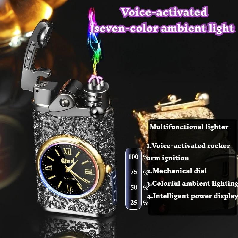 Rocker Arm Voice-Activated Arc Lighter, Watch & Power Display Electric Lighter, Rechargeable Dial Cigarette Lighter view 3