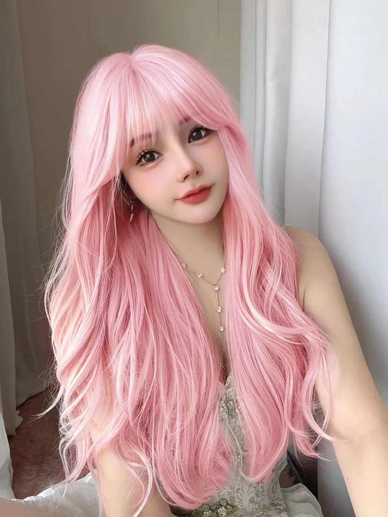 

30Inch Pretty Pink Synthetic Wigs with Bangs Long Natural Wavy Hair Wig for Women Daily Use Cosplay Drag Queen Heat Resistant