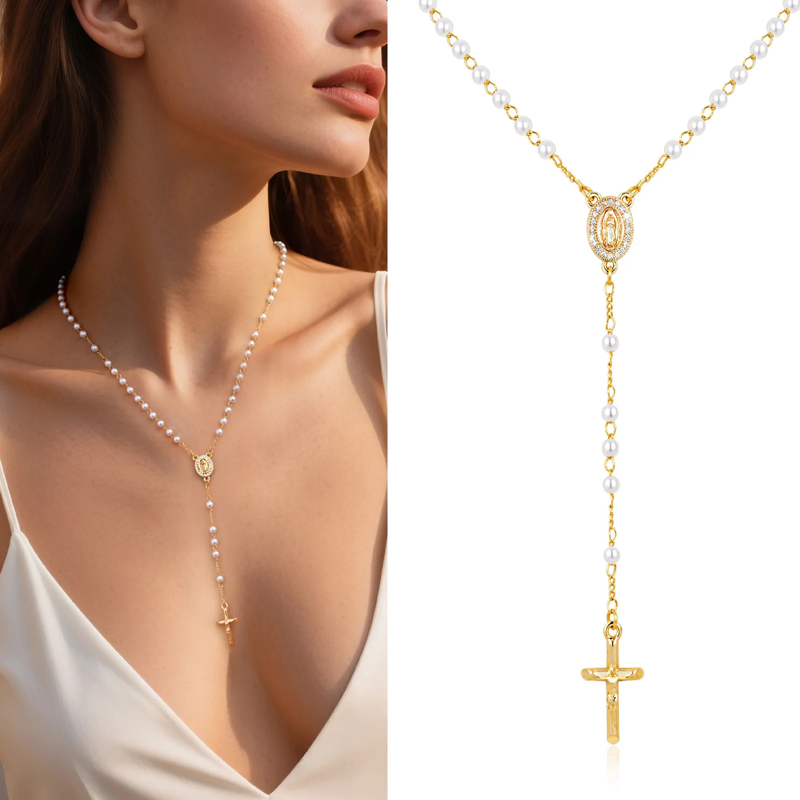Catholic Rosary Necklace White Pearl Gold Plated Cross Pendant Religious Baptism Communion Jewelry 2026