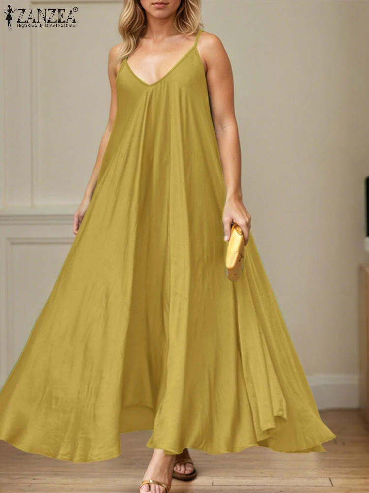2025 zanzea moda verão longo vestido de verão feminino cinta de espaguete vestidos sexy decote em v tanques robe uma linha solta férias praia vestido