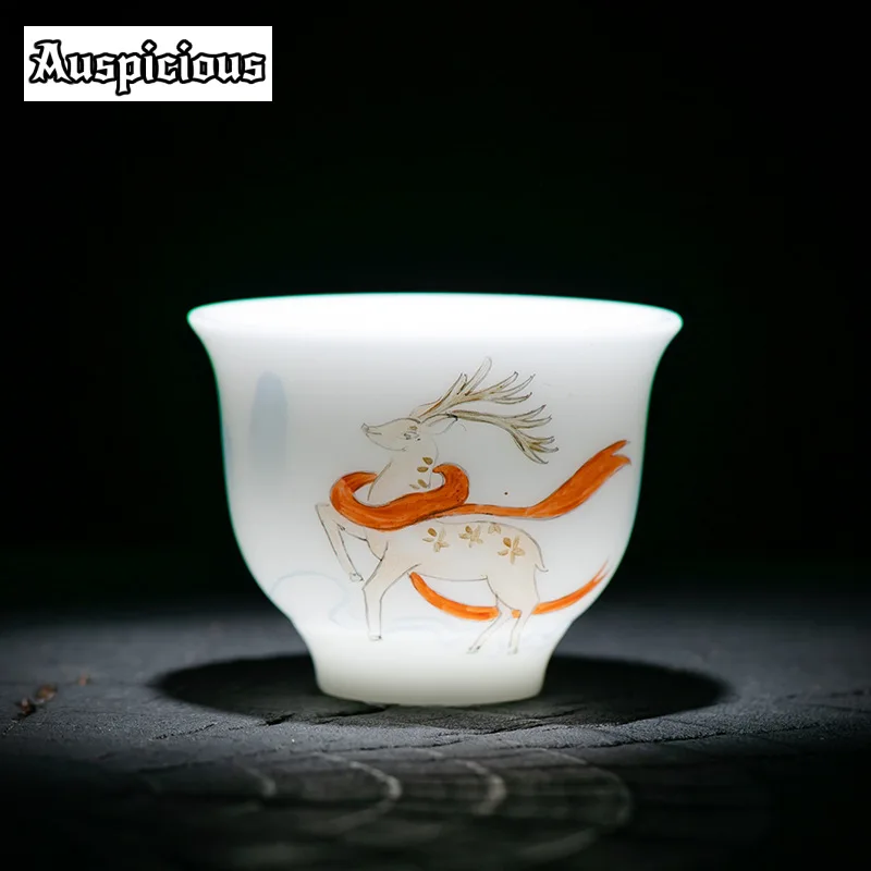 60ml Iced Jade White Porcelain Tea Cup Hand-painted Deer Tasting Tea Bowl Thin Body Puer Personal Master Cup Meditation Cup Gift