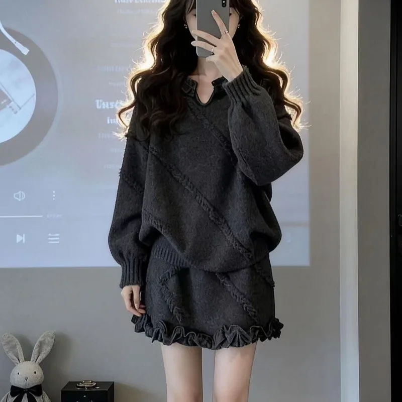 Korean Sweet Lazy Wind Sweater Set Women' Autumn Winter New Popular Knitted Top Skirt Two-piece Set Outside Temperament Commuter