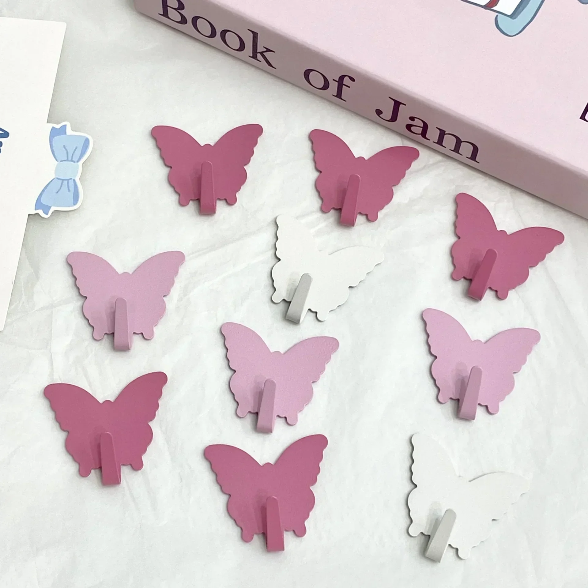 3Pcs INS Pink White Butterfly Shape Metal Multi-Purpose Hook Cute Girl Bedroom Wall Sticky Hook Key Mask Organizer Room Decor